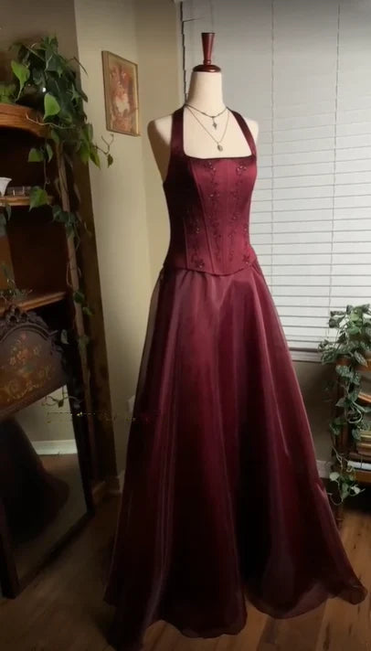 Burgundy red vintage elegant shiny beaded long tulle Prom Gown evening dress party dress gh3457