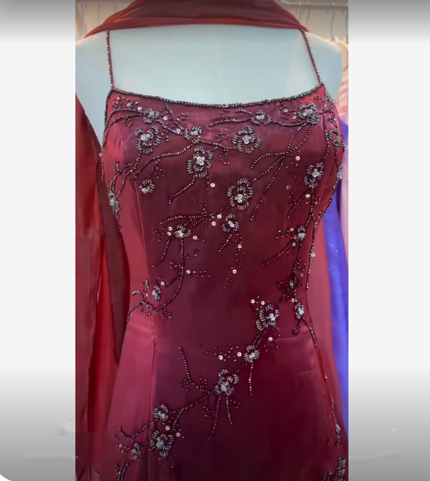 Burgundy Vintage Beaded Long Ball Gown Evening Dress Floor Length Party Dress with Scarf gh3059