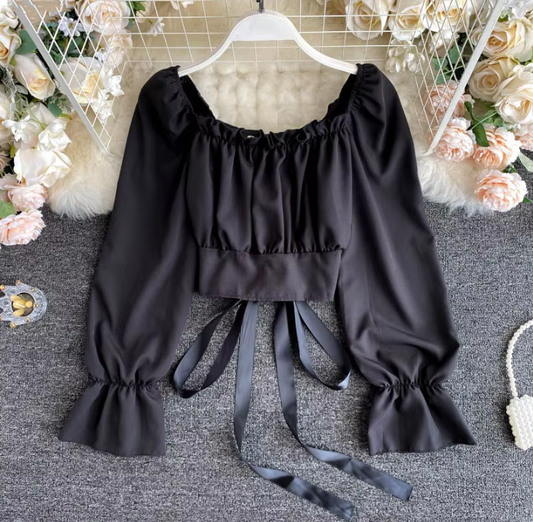 Süßes Langarm-Top mit Schnürung am Rücken in Schwarz/Weiß 335