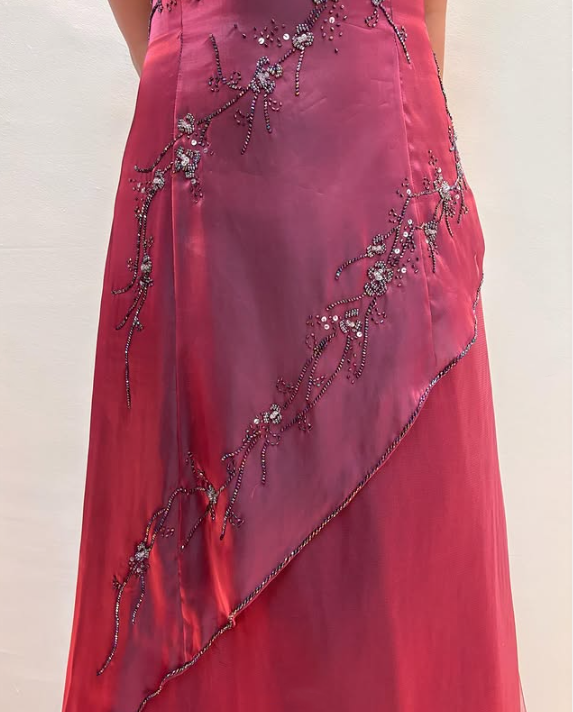 Burgundy Vintage Beaded Long Ball Gown Evening Dress Floor Length Party Dress with Scarf gh3059