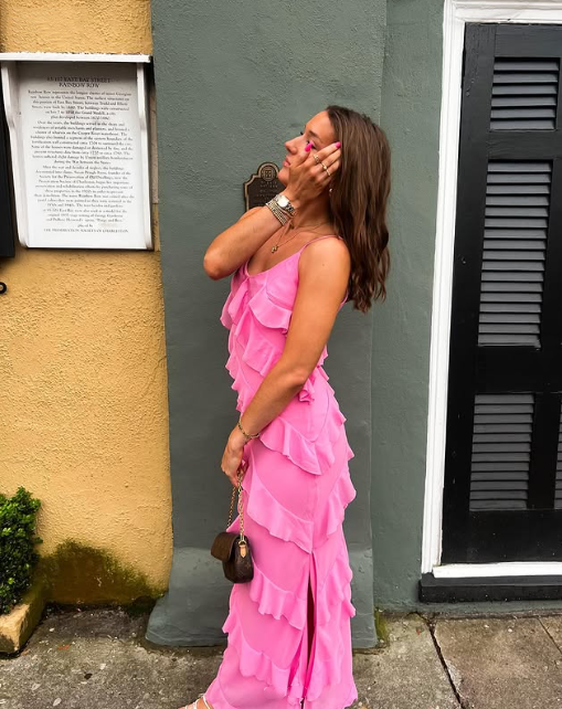 Rosa Spaghettiträger Mode Elegante Lange Chiffon Rüschen Ballkleid Abendkleid Partykleid gh3253