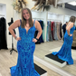 Blue shiny V neck bodycon long elegant sequin ball gown evening dress gh2720