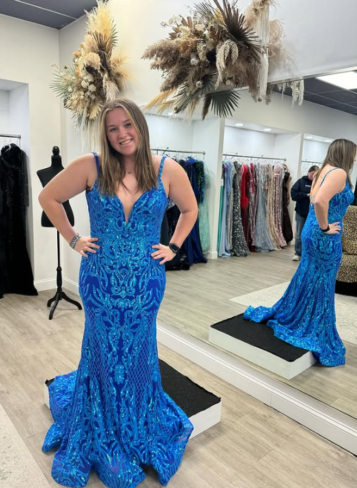 Blue shiny V neck bodycon long elegant sequin ball gown evening dress gh2720