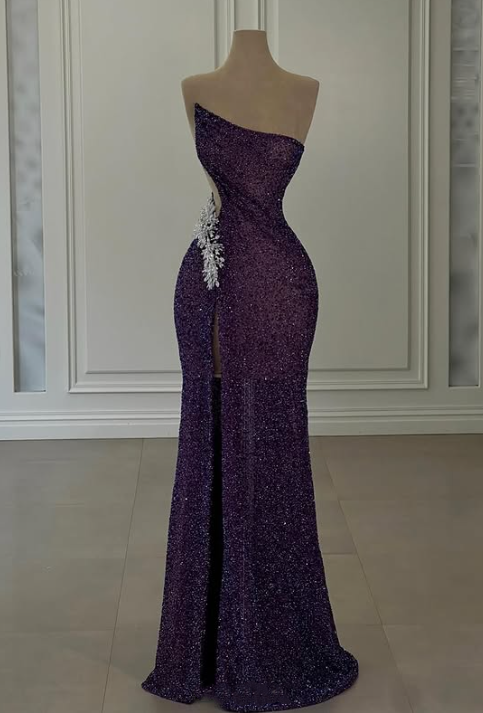 Purple Gorgeous Shiny Elegant Spaghetti Strap Beading Sexy Slit Long Mermaid Slim Sequin Ball Gown Evening Dress gh3360
