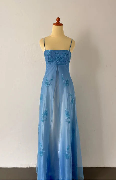 Robe de soirée longue en tulle, élégante et élégante, avec broderies et perles, bretelles spaghetti, bleu marine, gh3575