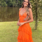 Orange Elegant Sexy V-neck Spaghetti Straps Long Chiffon Ruffles Ball Gown Evening Dress Party Dress gh3321