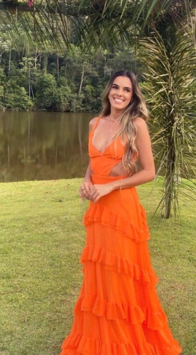 Orange Elegant Sexy V-neck Spaghetti Straps Long Chiffon Ruffles Ball Gown Evening Dress Party Dress gh3321