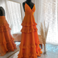 Orange Elegant Sexy V-neck Spaghetti Straps Long Chiffon Ruffles Ball Gown Evening Dress Party Dress gh3321