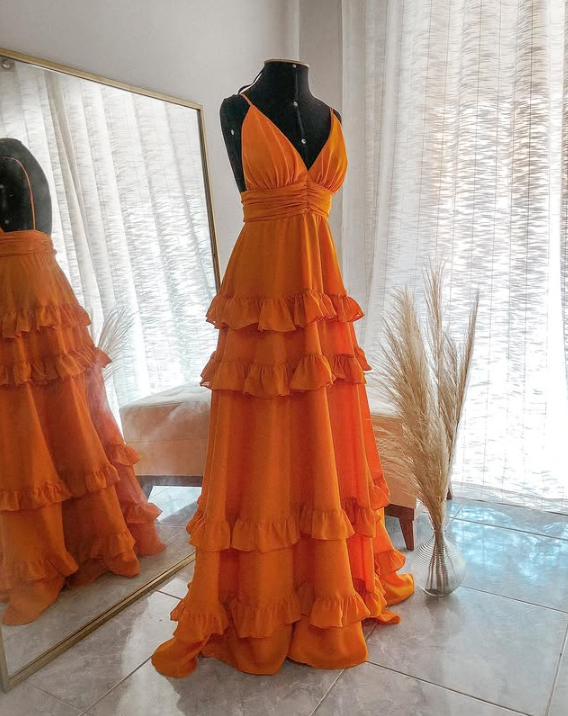 Orange Elegant Sexy V-neck Spaghetti Straps Long Chiffon Ruffles Ball Gown Evening Dress Party Dress gh3321