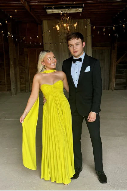 Yellow green fashion simple elegant tube top off shoulder long chiffon ball gown party dress evening dress with scarf Prom Dress gh3662