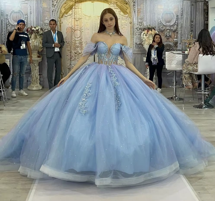 Blue shiny elegant cute sweet exquisite beaded long tulle princess ball gown, evening dress, adult ceremony dress gh3535