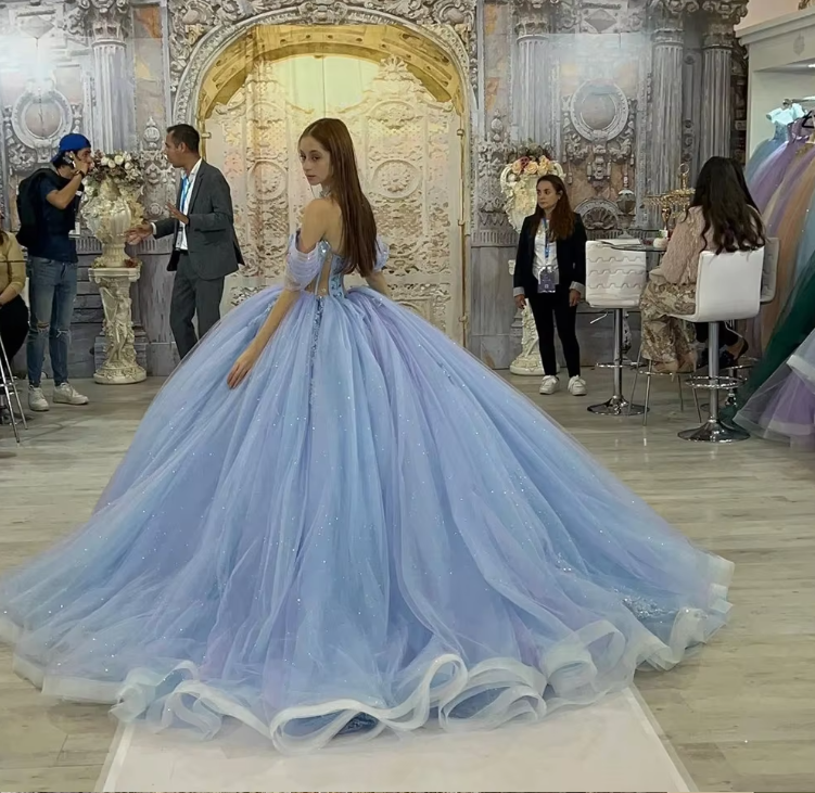 Blue shiny elegant cute sweet exquisite beaded long tulle princess ball gown, evening dress, adult ceremony dress gh3535