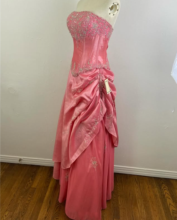 Robe de soirée longue en satin rose, magnifique, scintillante, exquise et délicate, avec perles, gh3584