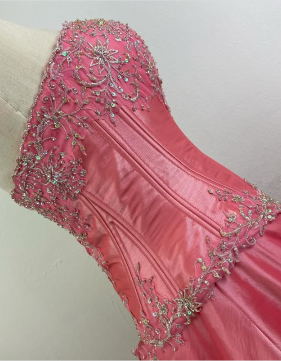 Robe de soirée longue en satin rose, magnifique, scintillante, exquise et délicate, avec perles, gh3584
