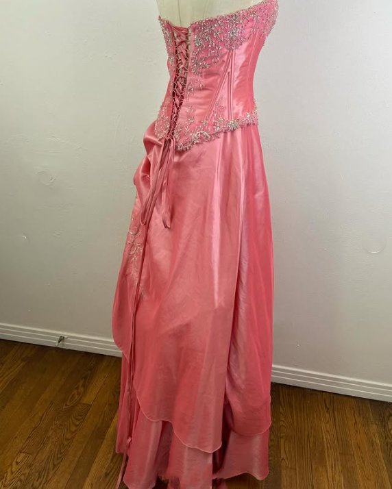 Robe de soirée longue en satin rose, magnifique, scintillante, exquise et délicate, avec perles, gh3584