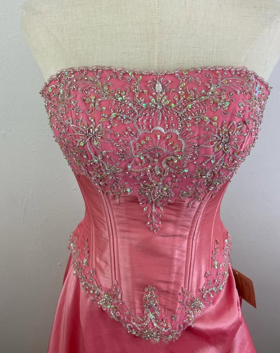 Robe de soirée longue en satin rose, magnifique, scintillante, exquise et délicate, avec perles, gh3584