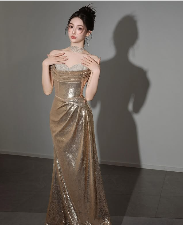 Gold Gorgeous Fashion Elegant Exquisite Beaded Long Sequin Mermaid Slim Ball Gown Evening Dress gh3422