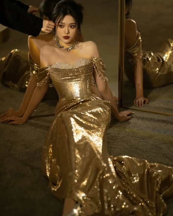 Gold Gorgeous Fashion Elegant Exquisite Beaded Long Sequin Mermaid Slim Ball Gown Evening Dress gh3422