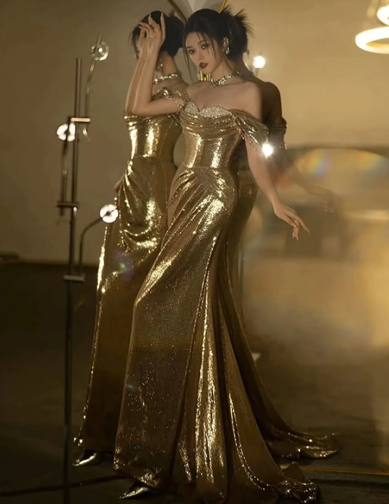 Gold Gorgeous Fashion Elegant Exquisite Beaded Long Sequin Mermaid Slim Ball Gown Evening Dress gh3422