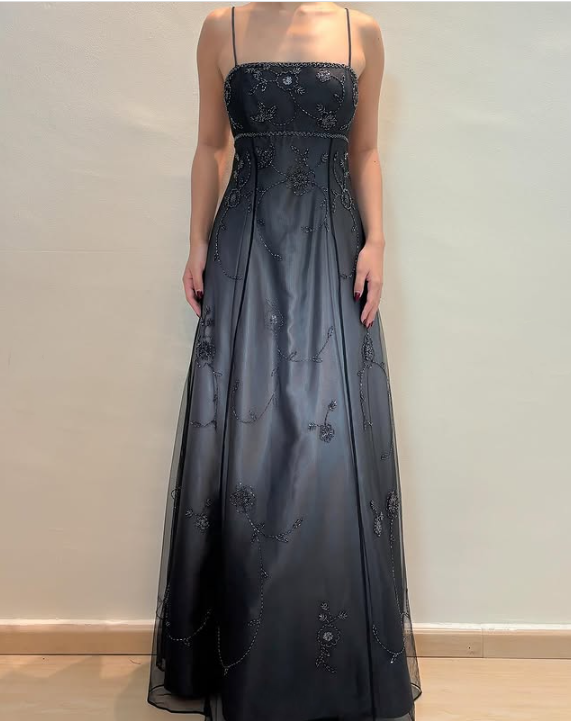 Robe de soirée élégante en tulle, longue et délicate, argentée et noire, avec perles, pour fête d'anniversaire, bal, gh3613