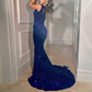 Mermaid royal blue  sequins sparkly unique modest evening party long prom dress gh2099