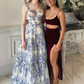 Blue white beautiful charming floral print sweetheart neckline A-line long chiffon ball gown evening dress wedding holiday party dress gh1790