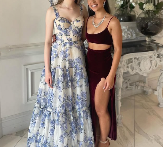 Blue white beautiful charming floral print sweetheart neckline A-line long chiffon ball gown evening dress wedding holiday party dress gh1790