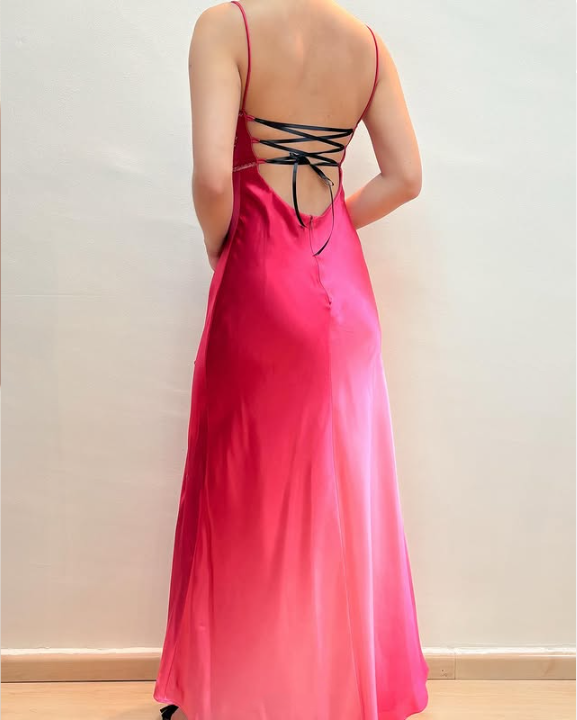 Pink Fashion Gradient Elegant Fairy Exquisite Beading Spaghetti Strap Long Satin Ball Gown Evening Dress Birthday Party Dress Prom Dress gh3760