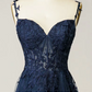A Line Spaghetti Straps Navy Prom Dress with Appliques gh2104