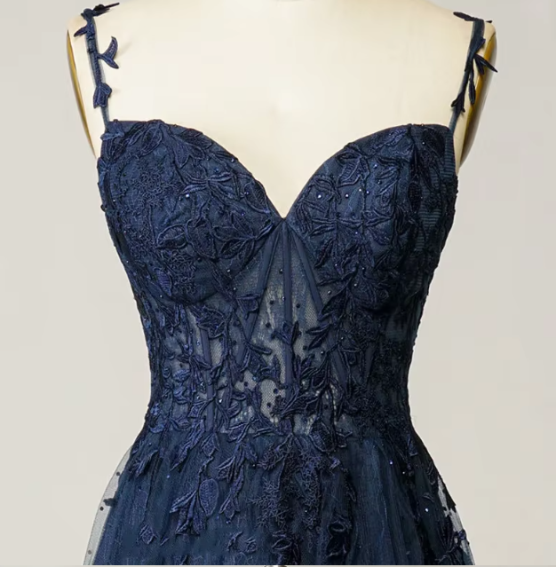 A Line Spaghetti Straps Navy Prom Dress with Appliques gh2104