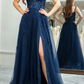 A Line Spaghetti Straps Navy Prom Dress with Appliques gh2104