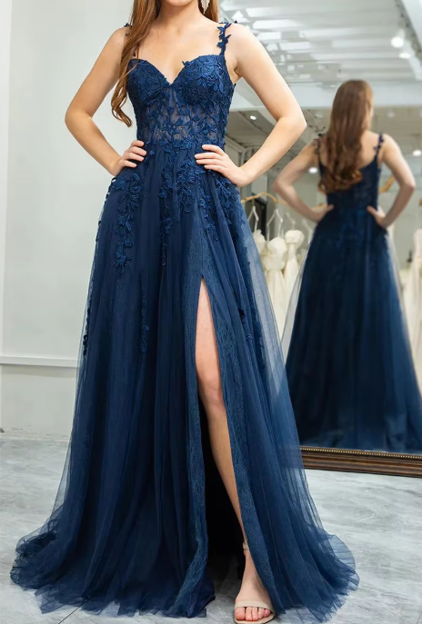 A Line Spaghetti Straps Navy Prom Dress with Appliques gh2104