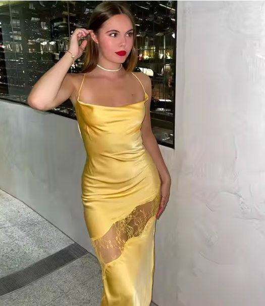 Yellow new lace spaghetti straps sexy backless mid-length elegant satin prom dress evening dress party dress gh1977