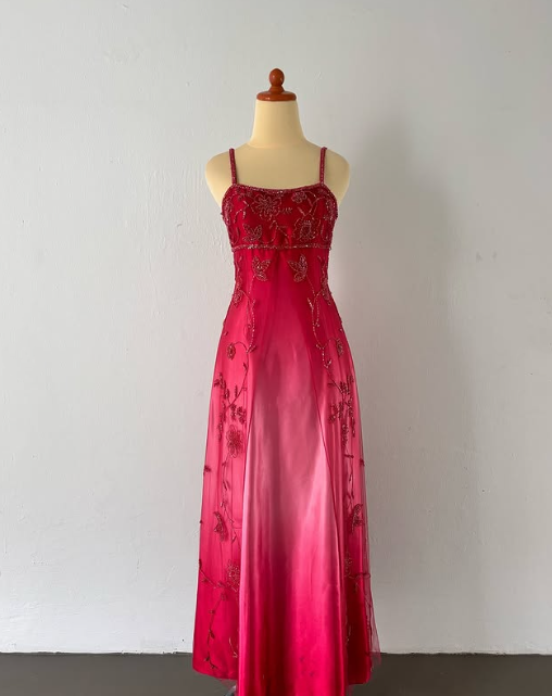 Robe de soirée longue en satin et tulle, rose, magnifique, vintage, élégante, exquise, perles, robe de bal, gh3933