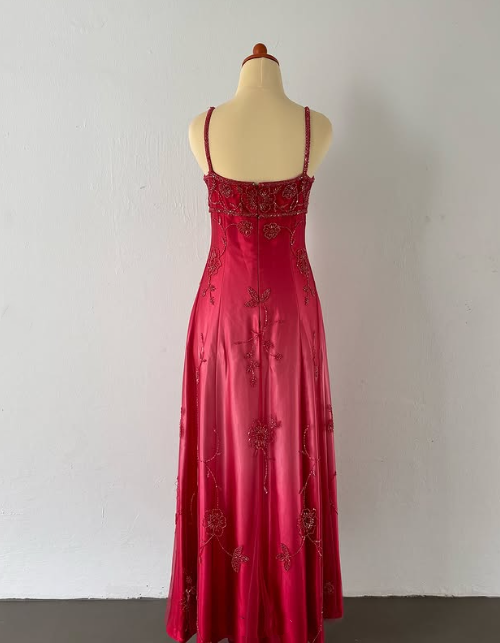 Robe de soirée longue en satin et tulle, rose, magnifique, vintage, élégante, exquise, perles, robe de bal, gh3933