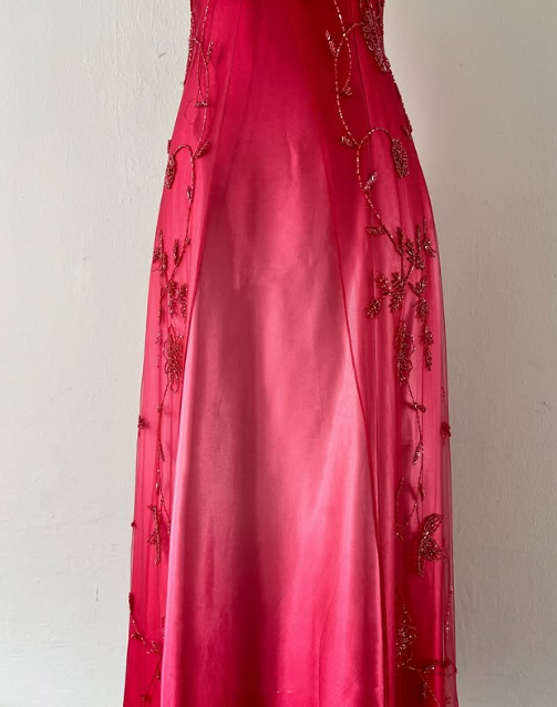 Robe de soirée longue en satin et tulle, rose, magnifique, vintage, élégante, exquise, perles, robe de bal, gh3933