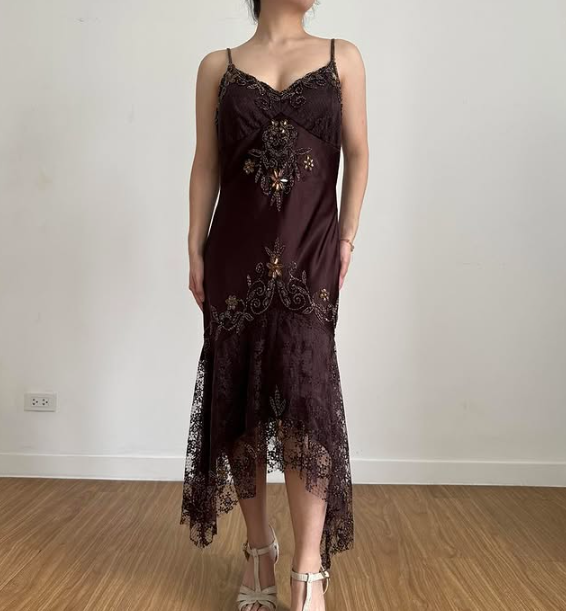 Brown Vintage Elegant Exquisite Floral Beading Spaghetti Strap Long Satin Lace Ball Gown Evening Dress Birthday Party Dress Prom Dress gh3831