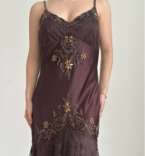 Brown Vintage Elegant Exquisite Floral Beading Spaghetti Strap Long Satin Lace Ball Gown Evening Dress Birthday Party Dress Prom Dress gh3831