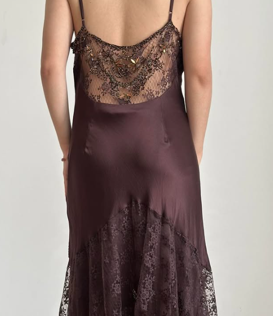 Brown Vintage Elegant Exquisite Floral Beading Spaghetti Strap Long Satin Lace Ball Gown Evening Dress Birthday Party Dress Prom Dress gh3831