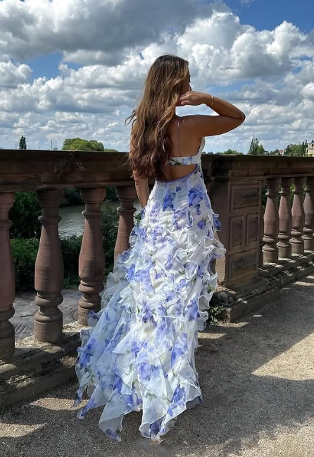 Blue Charming Floral A-Line Spaghetti Strap Long Ball Gown Party Dress Evening Gown gh3009