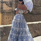 Blue white beautiful charming floral print sweetheart neckline A-line long chiffon ball gown evening dress wedding holiday party dress gh1790