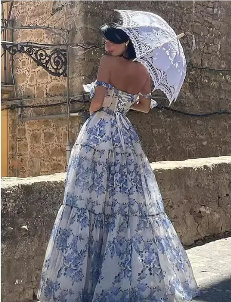 Blue white beautiful charming floral print sweetheart neckline A-line long chiffon ball gown evening dress wedding holiday party dress gh1790