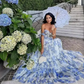 Blue white beautiful charming floral print sweetheart neckline A-line long chiffon ball gown evening dress wedding holiday party dress gh1790