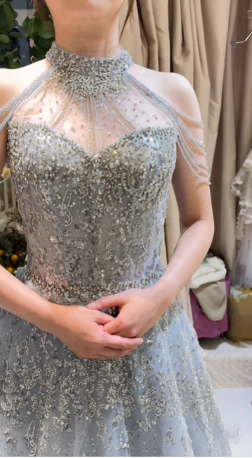 Light blue elegant gorgeous exquisite beaded long Tulle shining ball gown evening dress wedding dress gh4353