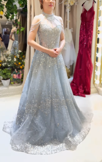 Light blue elegant gorgeous exquisite beaded long Tulle shining ball gown evening dress wedding dress gh4353