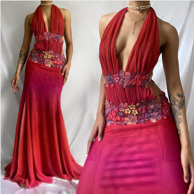 Robe de soirée longue en mousseline de soie, élégante et rouge, à fleurs, col en V, gh4444