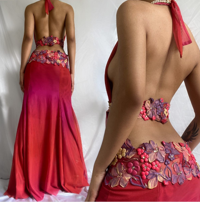 Robe de soirée longue en mousseline de soie, élégante et rouge, à fleurs, col en V, gh4444