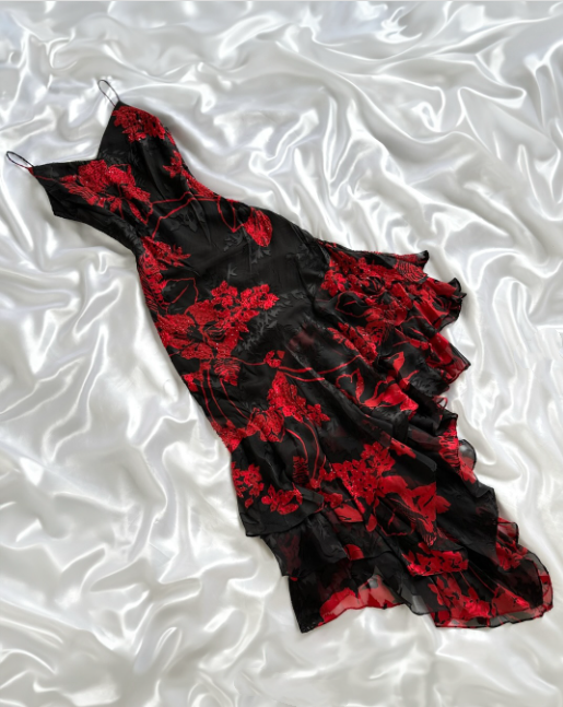 Robe de soirée longue en mousseline de soie, noire et rouge, à fleurs et perles, élégante, robe d'anniversaire, robe de soirée, gh4446