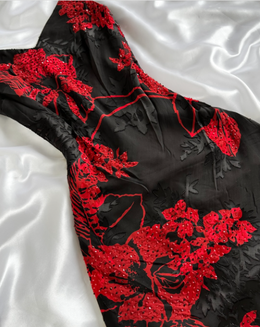 Robe de soirée longue en mousseline de soie, noire et rouge, à fleurs et perles, élégante, robe d'anniversaire, robe de soirée, gh4446
