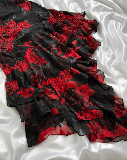 Robe de soirée longue en mousseline de soie, noire et rouge, à fleurs et perles, élégante, robe d'anniversaire, robe de soirée, gh4446
